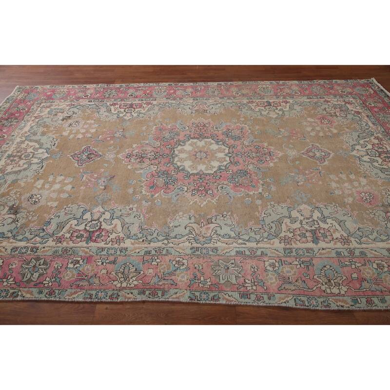 Brown Distressed Tabriz Persian Antique Rug Hand-knotted Wool Carpet - 6'2" x 9'8"