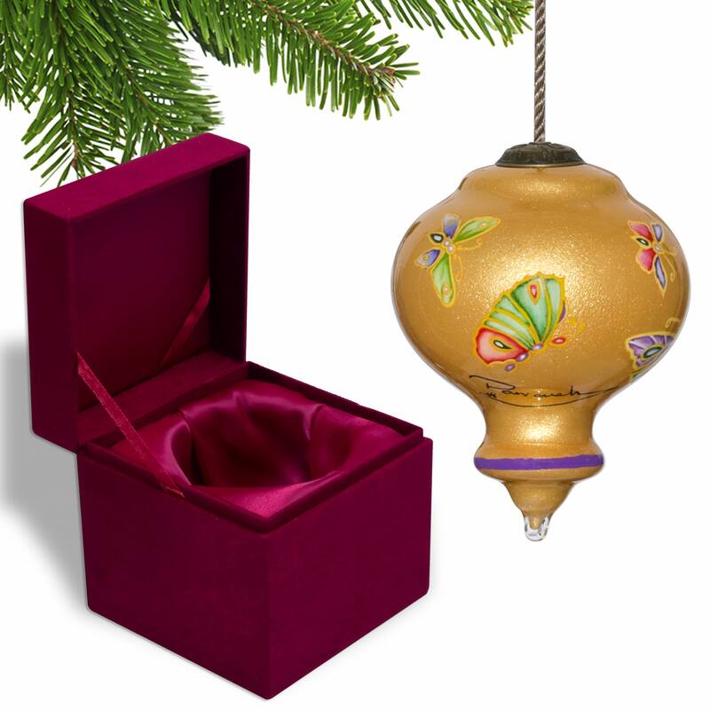 HomeRoots Golden Extravagant Butterflies Hand Painted Mouth Blown Glass Ornament - 3.75" x 2.75" x 2.75"