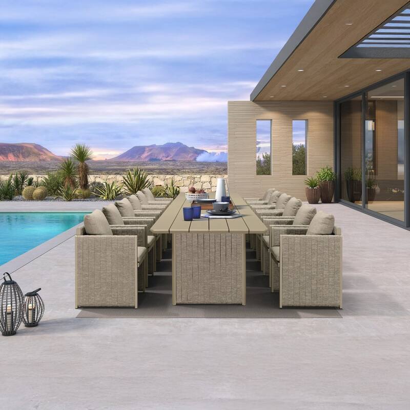 PURPLE LEAF Sanori Patio Dining Set Modern Large Weather-Resistant Table and Aluminum Chairs Beige for Garden Backyard Kitchen - 13-Piece Rectangle(long table)