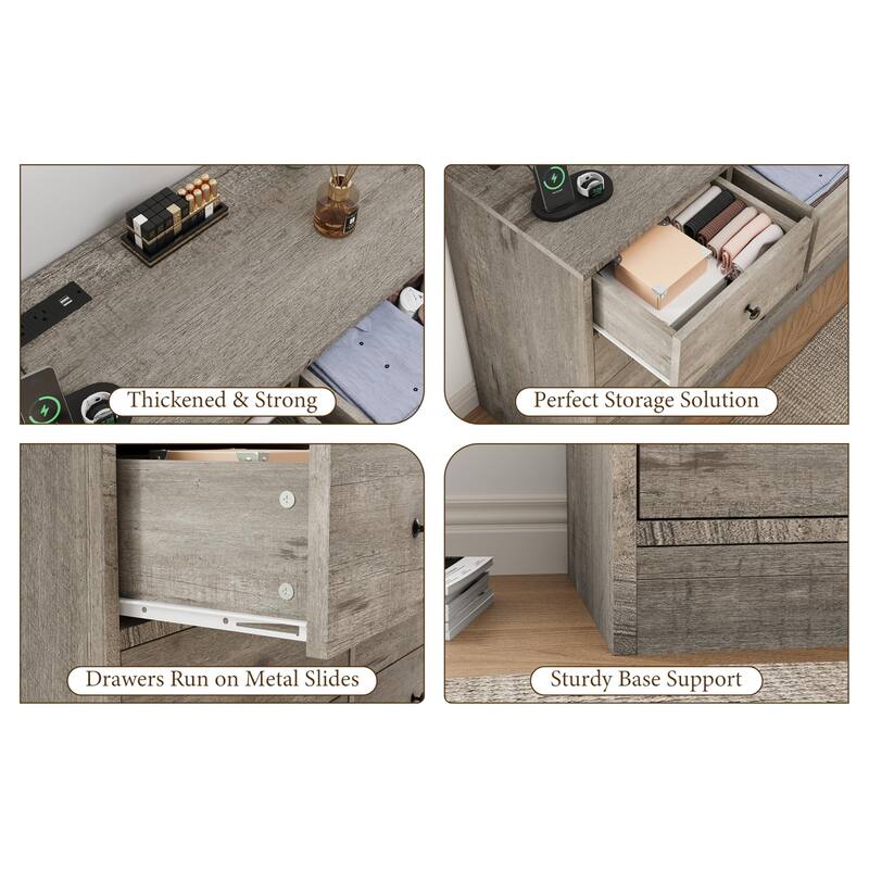 12 Drawer Dresser for Bedroom with Power Outlet, 61 Inch Wooden Storage Cabinet