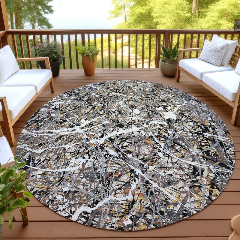 Machine Washable Indoor/ Outdoor Modern Splatter Chantille Rug - Black - 8' x 8'