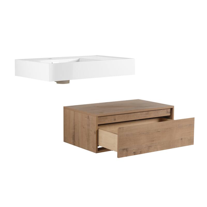 Wall-Mounted Bathroom Vanity with Single Resin Sink, Soft-Close Drawer, Floating Design in Imitative Oak Finish
