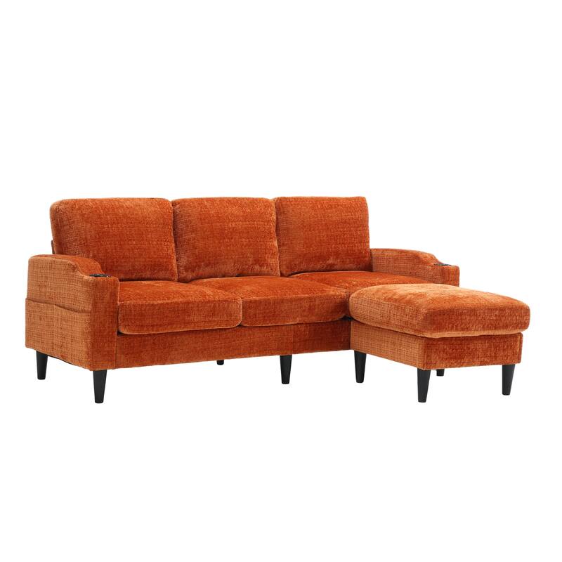 Modular Sectional Sofa with Storage Ottoman, Comfy Chenille Fabric Sofa, 3-Seater Sofa with Side Pockets & 2 Cup Holders