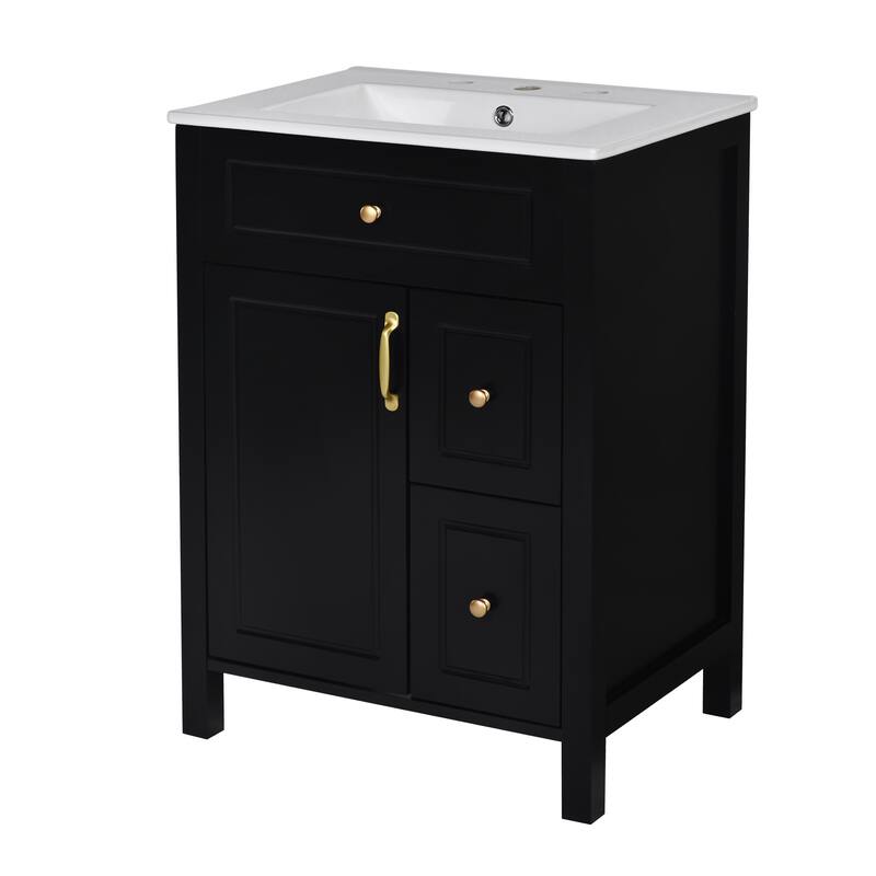 24-Inch Bathroom Vanity with Ceramic Sink, 1 Soft Close Door, 2 Soft Close Drawers, and Double Storage Racks on the Door
