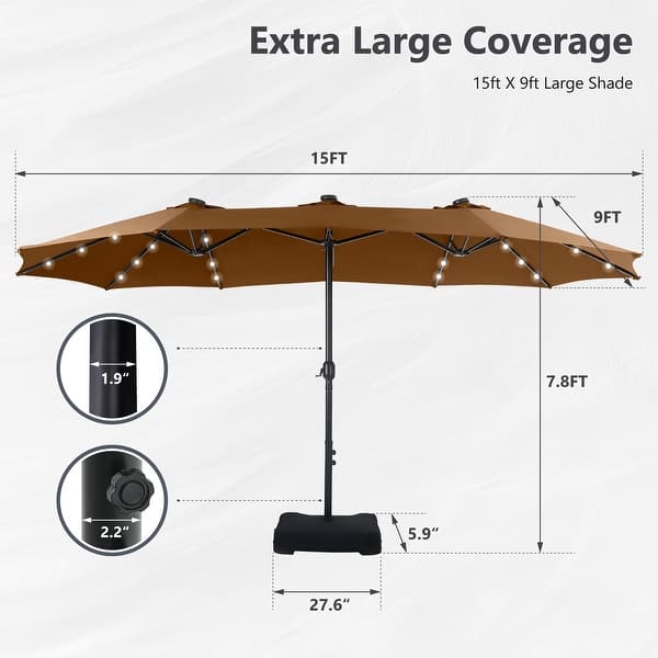 dimension image slide 14 of 15, MAISON ARTS 15-foot Rectangular Crank Double-sided Outdoor Market Umbrella Solar LED Lighted Patio Umbrella with Base Included
