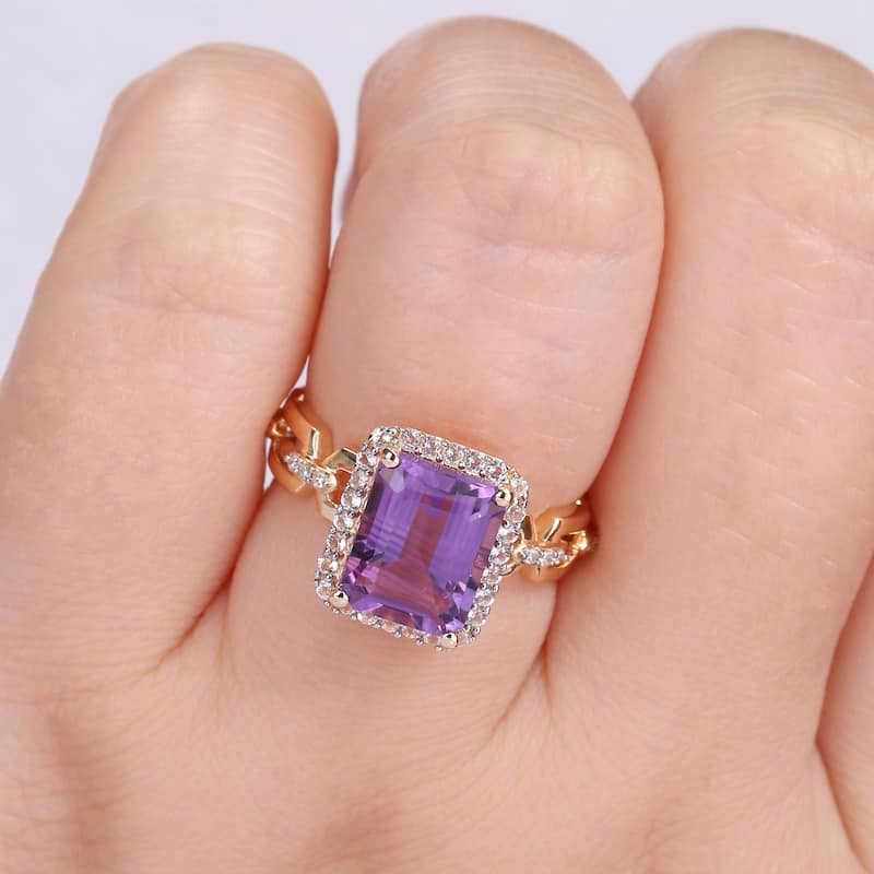 Miadora Yellow Plated Sterling Silver Amethyst, White Topaz & Diamond Accent Halo Link Cocktail Ring