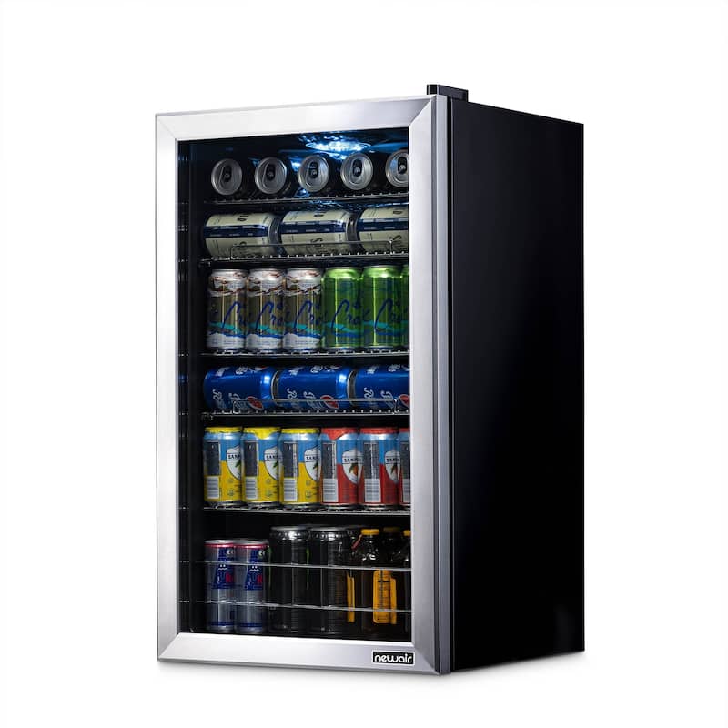 Newair 126-Can Capacity Beverage Refrigerator, Mini Fridge with Glass Door and Adjustable Shelves, Stainless Steel - Black