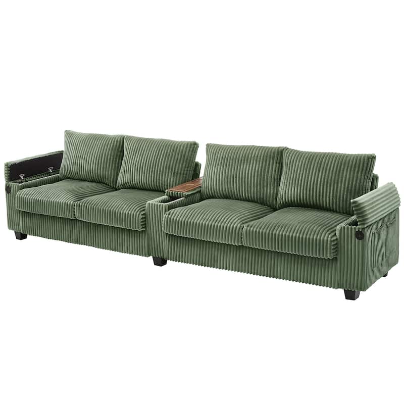 4 Seater Corduroy Sofa Couch with USB Ports and Storage Arms, 133" Modern Sofa with Side Pockets and Flip-Top Cup Holders