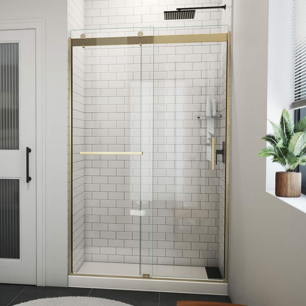 DreamLine Sapphire-V 44 - 48 in. W x 76 in. H Bypass Shower Door in Brushed Gold and Clear Glass