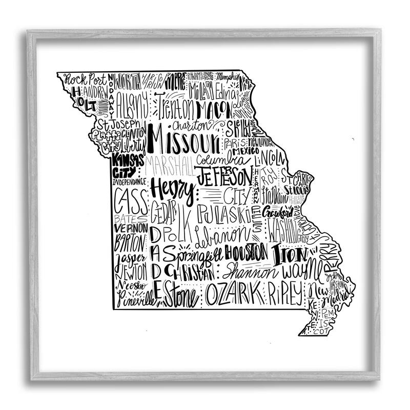 Stupell Various Typography Missouri State Framed Giclee Texturized Wall Art, Design By The Saturday Evening Post - 12 x 12 - Grey