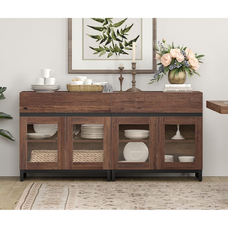 WAMPAT Multifunctional Sideboard Buffet Cabinets with 6 Glass Doors and Drawers, Modern Sideboard, Coffee Bar Storage Cabinet