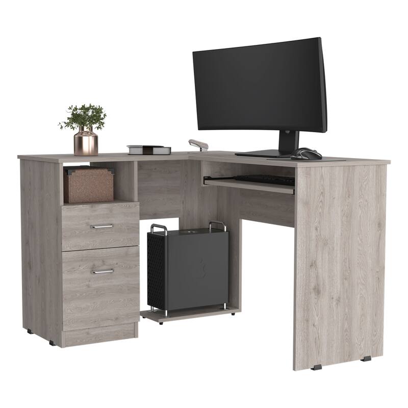 FM Furniture Raleigh L-Shaped Desk with Two Drawers, One Shelf and CPU Storage
