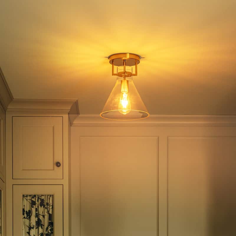9.8" 1-Light Mid-Century Modern Brushed Brass Semi-Flush Mount Ceiling Light with Clear Cone Glass Shade for Hallway or Bedroom