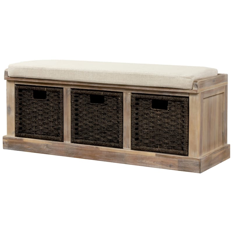 Rustic Storage Bench with 3 Removable Rattan Baskets and Cushion, Entryway Bench with MDF Frame, No Assembly Required
