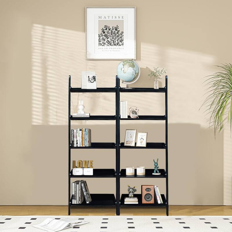 Solid Wood Lean-to 5-tier Shelf Unit Set (Set of 2) - Black