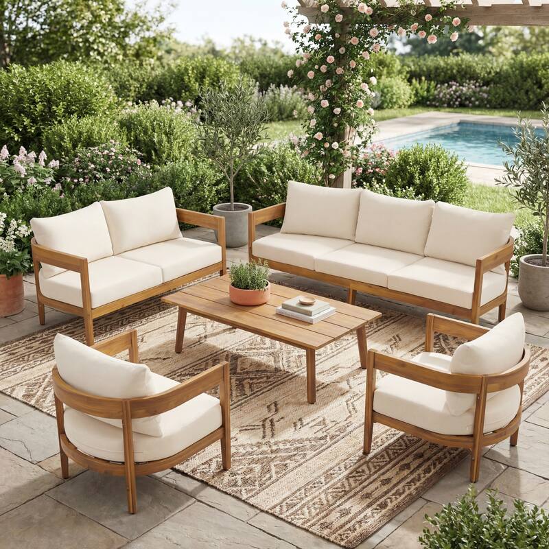 Christopher Knight Home - Brooklyn 5-Piece Outdoor Acacia Wood Patio Conversation Set with Wooden Slatted Coffee Table