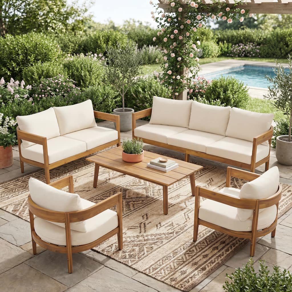 Christopher Knight Home - Brooklyn 5-Piece Outdoor Acacia Wood Patio Conversation Set with Wooden Slatted Coffee Table