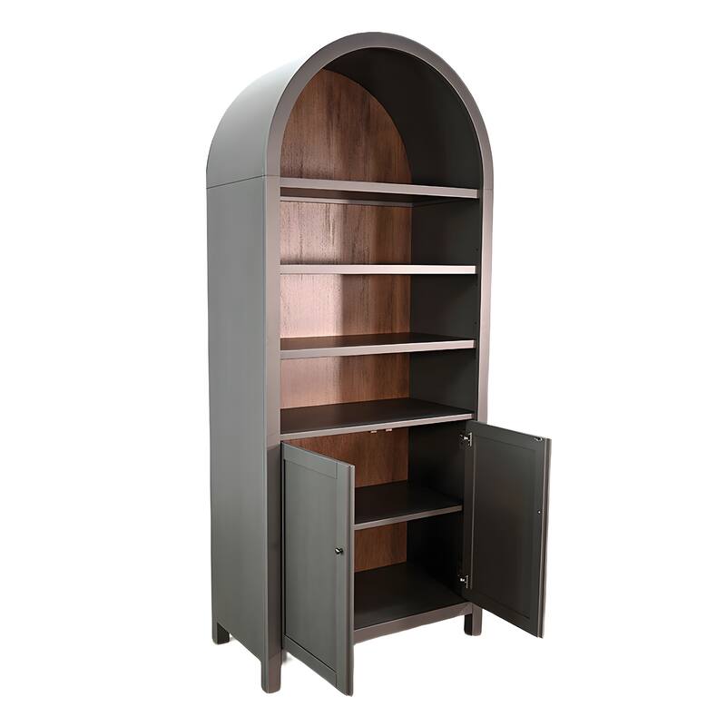 Xeny Arched Display Cabinet, 3 Shelves w 2 Doors, Gray Mahogany Wood