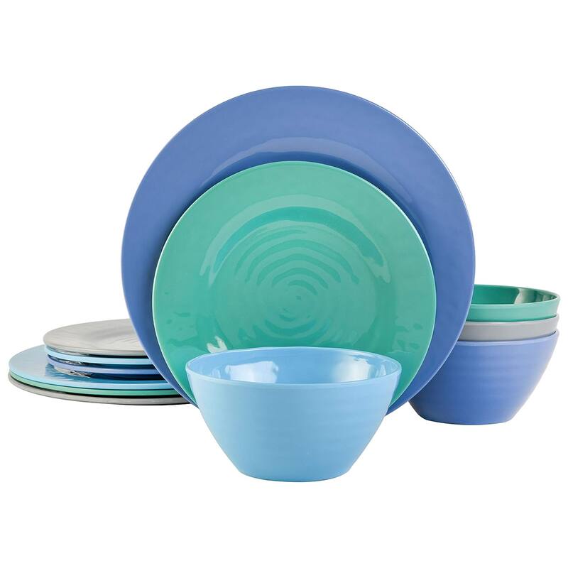 12 Piece Round Melamine Dinnerware Set in Assorted Blue