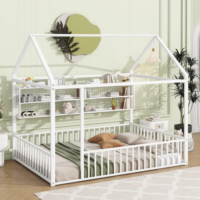 Full Metal House Bed Frame with Storage Shelves & Fence - White