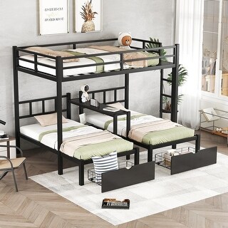 Black Full XL over Twin Metal Triple Bunk Bed with Drawers and Shelving