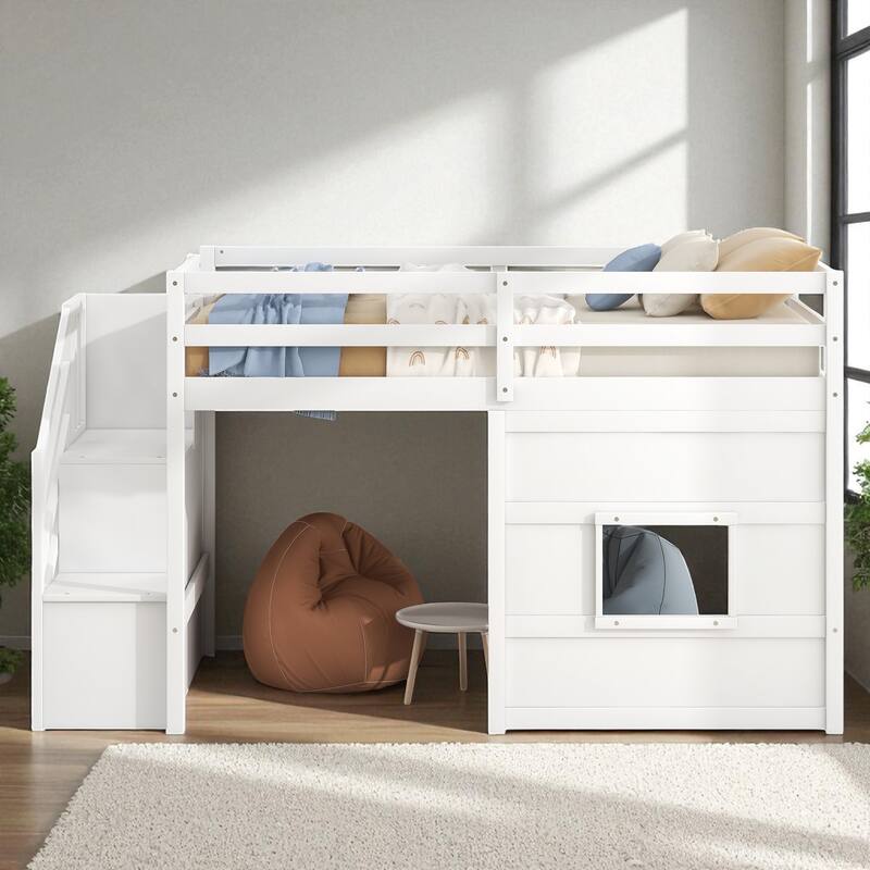 Twin Size Loft Bed with Storage Staircase, Window, LED Light and Guardrails, Solid Wood Frame