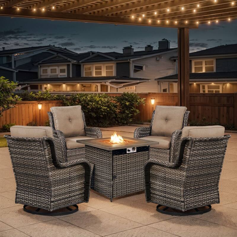 Gymojoy 5-Piece Outdoor Wicker Patio Furniture with Fire Pit Table, Rattan Coversation Set with Water Resistant Thick Cushions