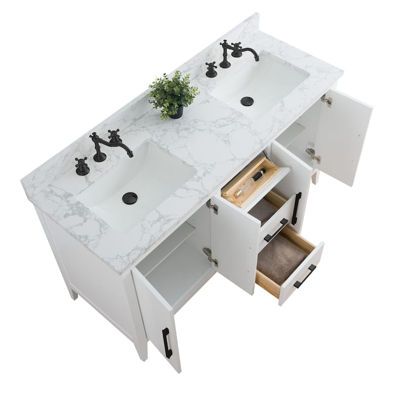 Vanity Art 60" Double Sink Bathroom Vanity Cabinet with Engineered Marble Top