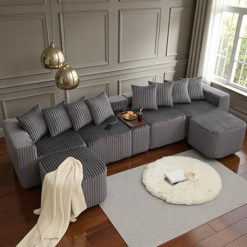 137.5" U-Shaped Modular Sofa with USB & Wireless Charging, Coffee Table Board, Cup Holders, Movable Footstool, Corduroy - Grey