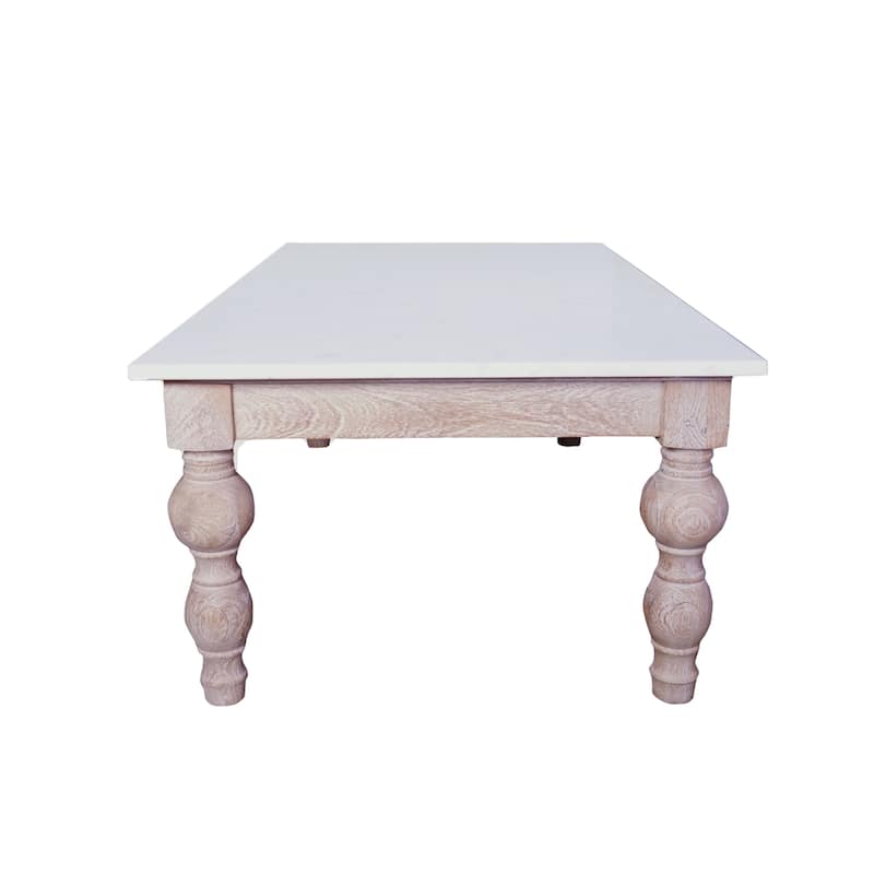 Sevita Anastasia Rectangular White Marble Coffee Table with White-Wash Spindle Base, 52" L x 30" W x 19" H