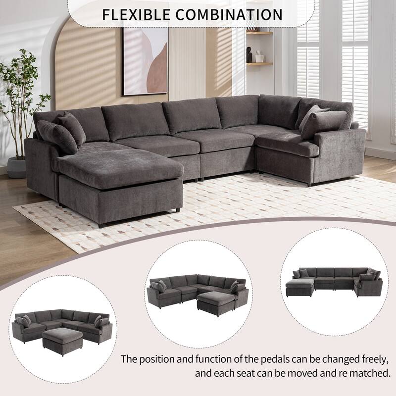 Grey 100.4'' U-Shaped 6-Seat Sectional Sofa with Removable Ottomans and Pillows, Easy-Clean Cushions for Living Room