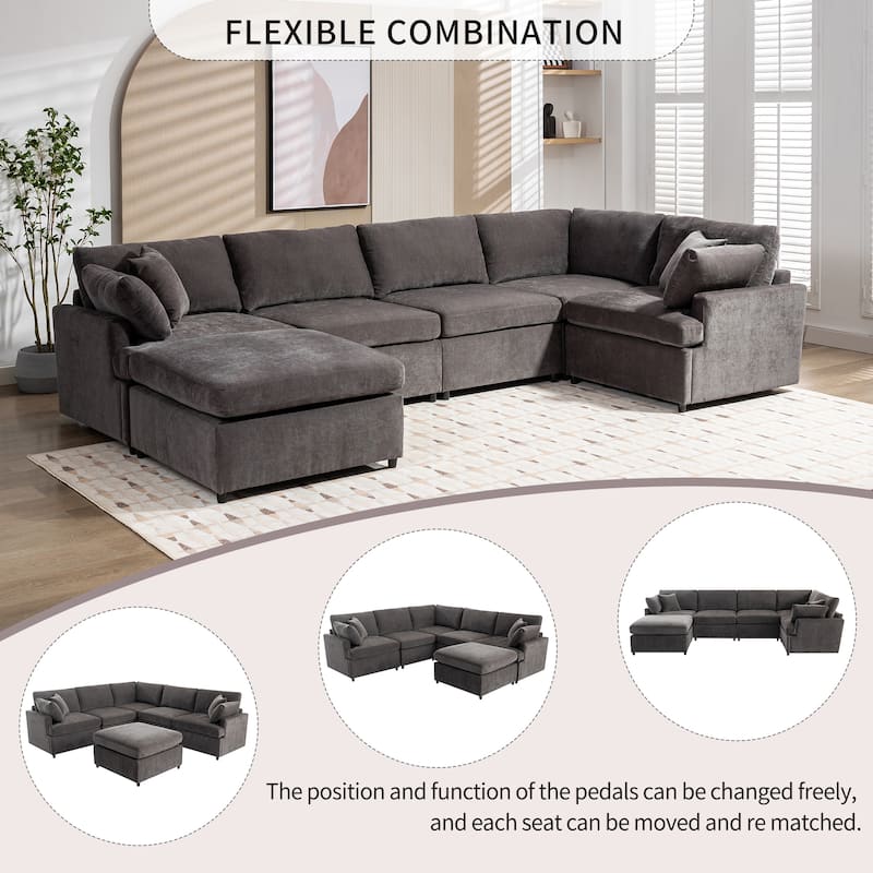 Upholstered Sectional Sofa Recliner Sofa with Removable Ottoman, U-Shape 6 Seat Sectional Couch with 4 Throw Pillow - Gray