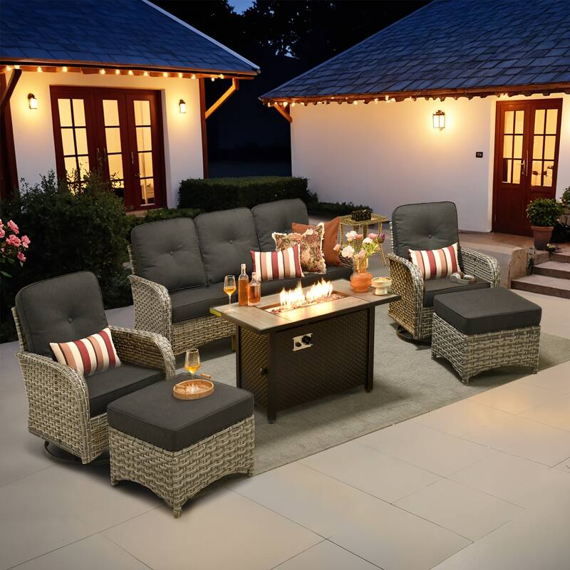 OVIOS 7-piece Patio Wicker Conversation Furniture Set With Fire Pit - Black