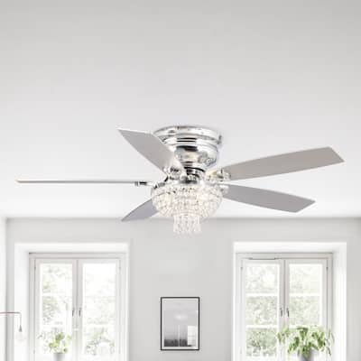 52" Chrome Wood 5-blade Flush Mount Crystal Ceiling Fan with Remote