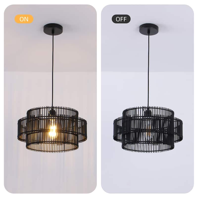 Solara 16 in. 2-Tiers 1-Light Pendant Light with Bamboo Round Shade, No Bulbs Included