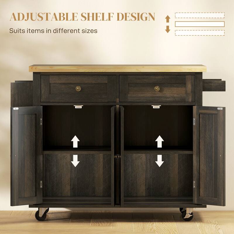 Brown Oak Kitchen Island Cart with Drawers, Cabinets and Casters - 43.75" W x 17.5" D x 32.5" H
