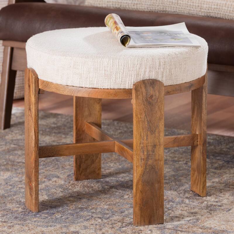 Whitfield Round Fabric Ottoman Stool - Modern Accent Seating or Footstool with Upholstered Cushion and Mango Wood Frame