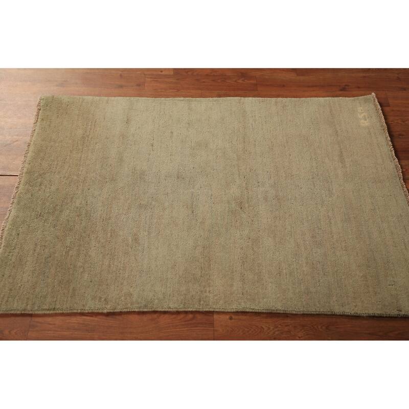 Modern Green Gabbeh Oriental Rug Hand-Knotted Solid Wool Carpet - 2'9" x 3'10"