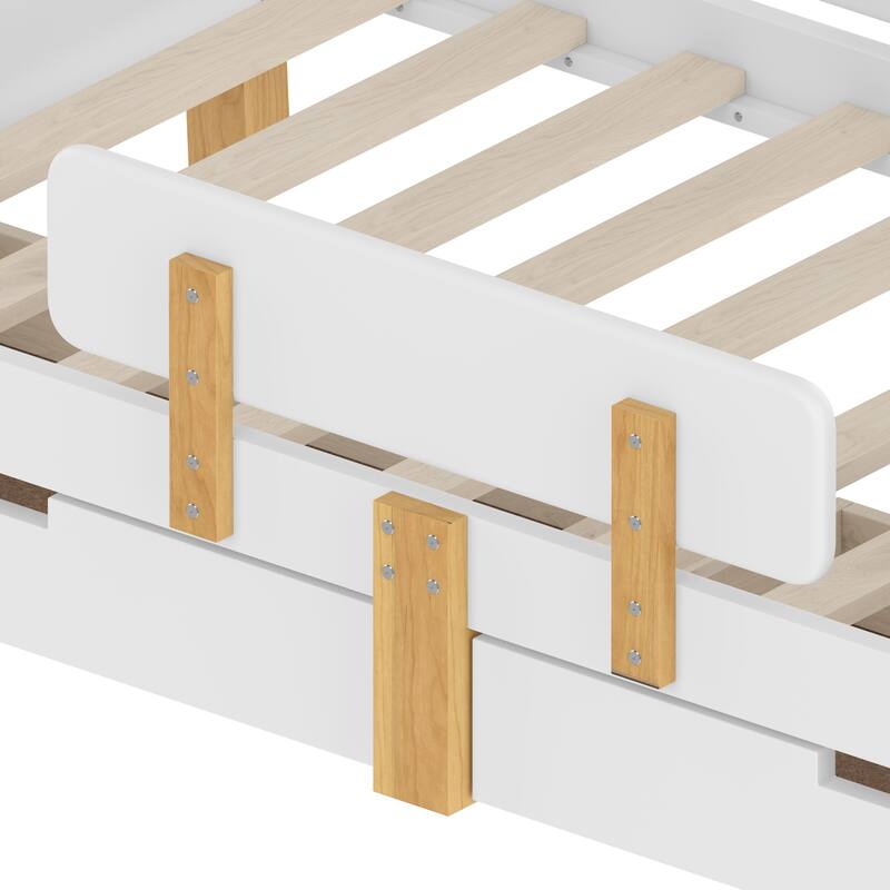 Roomfitters Platform Bed with Storage Drawers and Shelf, Solid Wood Frame with Hooks and Guardrails