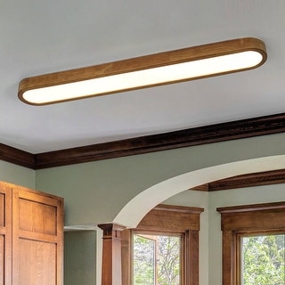 Scandinavian Walnut Wood Long Oval Dimmable LED Flush Mount - 37.4 Inches
