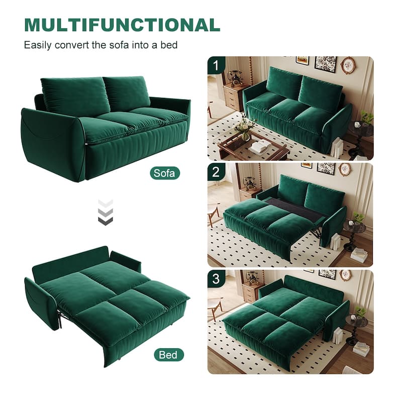 70.9" Velvet 3-Seat Sleeper Sofa with Hydraulic Lifting Rods, Steel Tube Frame