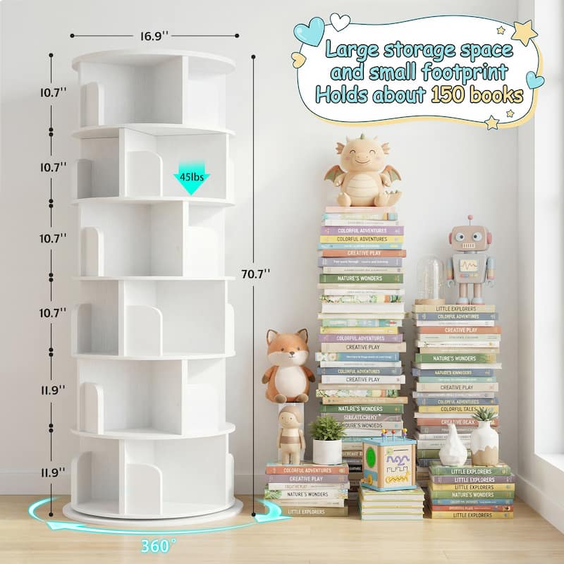 4/5/6 Tiers Round Rotating Bookcase, Revolving Floor Standing Bookshelf Corner Organizer Display