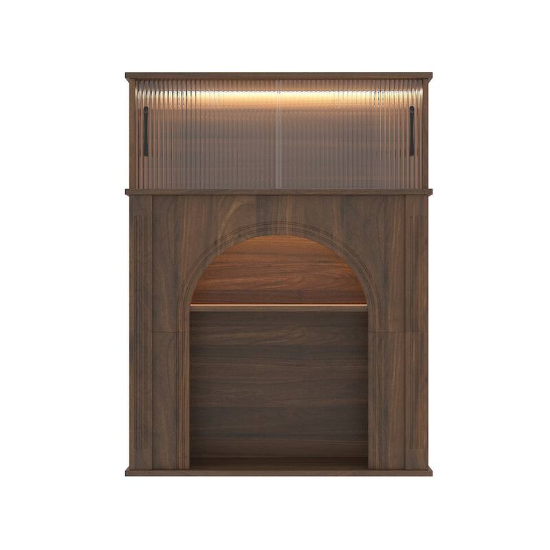LED Lighted Display Cabinet with Fluted Glass Doors, Wooden Sideboard Buffet Cabinet for Living Room or Dining Room