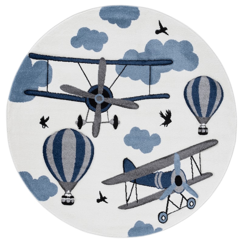 SAFAVIEH Carousel Kids Turi Airplane Rug - 5'3" Round - Ivory/Blue - Round