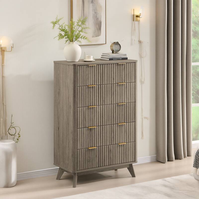 Modern 5 Chest of Drawers, Wood Dresser for Bedroom, Living Room - Grey Alder
