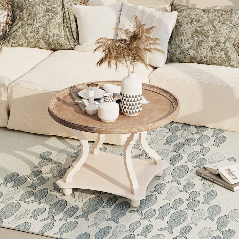 COZAYH Rustic Farmhouse Cottagecore Coffee Table - Round - White