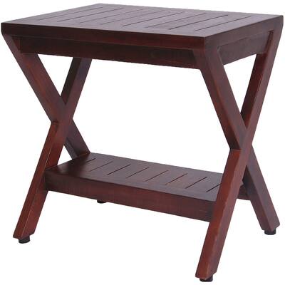 Compact X Shape Teak Shower Outdoor Bench with Shelf in Brown Finish Compact X Shape Teak Shower Outdoor Bench with Shelf in Brown Finish