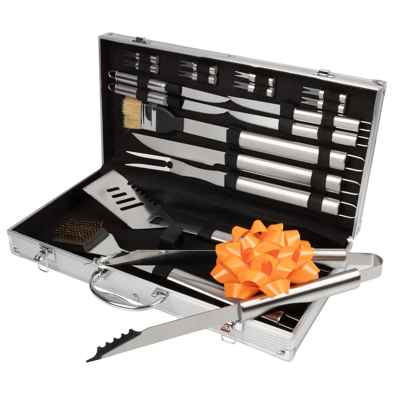 BBQ Grill Accessories Kit - 19-Piece Stainless-Steel Grilling Tools Set with Carrying Case by Chef Buddy - Silver