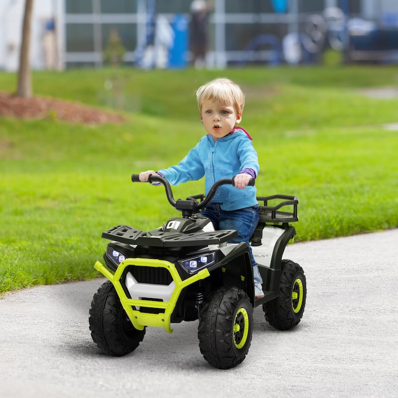 Qaba 12V Kids ATV, 4 Wheeler Quad, 3.7Mph Battery Powered Ride on Car with 4 Suspension Wheels, Storage Basket, LED Lights