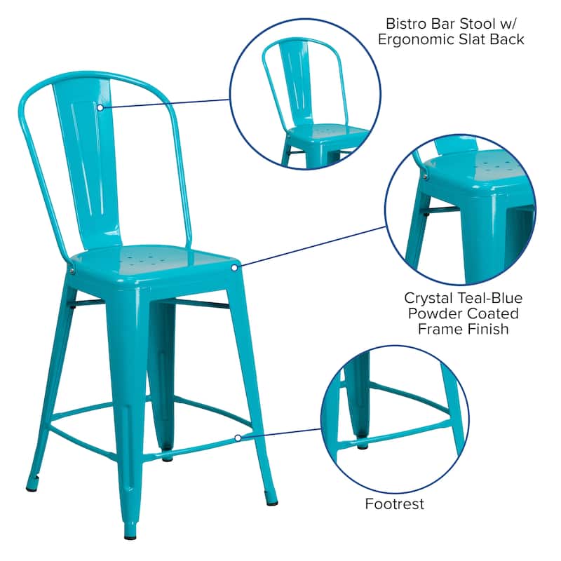 24'' High Metal Indoor-Outdoor Counter Height Stool with Back - 17.75"W x 22"D x 40.25"H